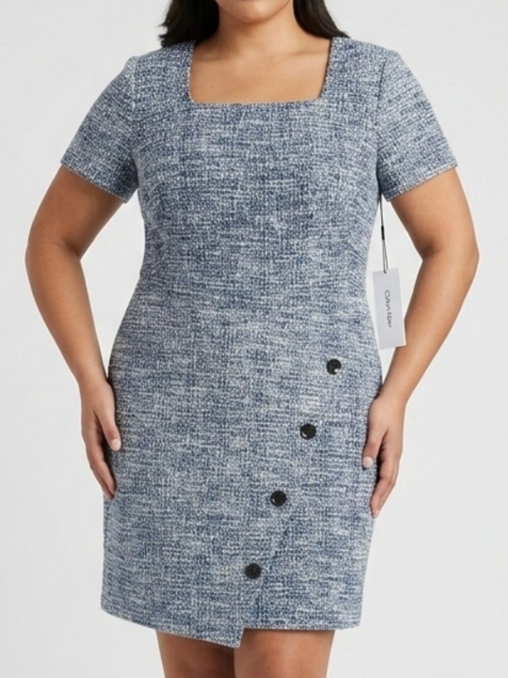 NWT Calvin Klein Blue & White Tweed Square Neck Asymmetric Button Sheath Dress S